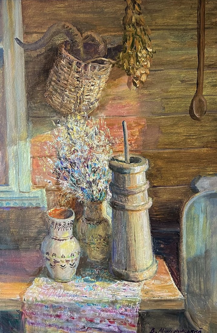 Oil painting Hutsul still life V. Mishurovsky: ?118 "Hutsul Still Life" by Viktor Myshurovsky is an evocative painting that vividly portrays the rustic essence and cultural richness of the Hutsul region in Ukraine. This still life is set against a