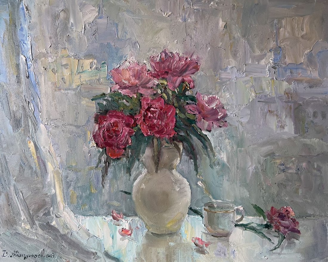 Oil painting Peonies on the windowsill V. Mishurovsky: №139 "Peonies on the Windowsill" by Viktor Myshurovsky is an evocative still life that captures the lush beauty of peonies arranged on a windowsill, juxtaposed with a serene cup of tea, suggesti