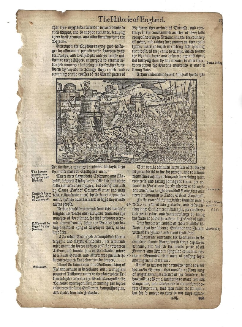 1577 English Leaf Woodcuts of Battles King Arthur (1 of 2)