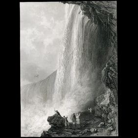 Horse-Shoe Fall, Niagara – Entrance to the Cavern on the English Side – Engraving by R.