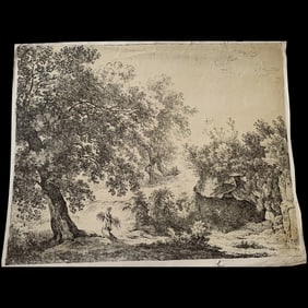 Title: Pastoral Landscape with Woman Gathering Wheat – 19th-Century Landscape Etching