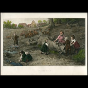 Antique Engraving – Children at Play – Ludwig Knaus & Th. Langer