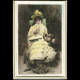 George L. Seymour 1800s Antique Etching 'Girl with a Dog'