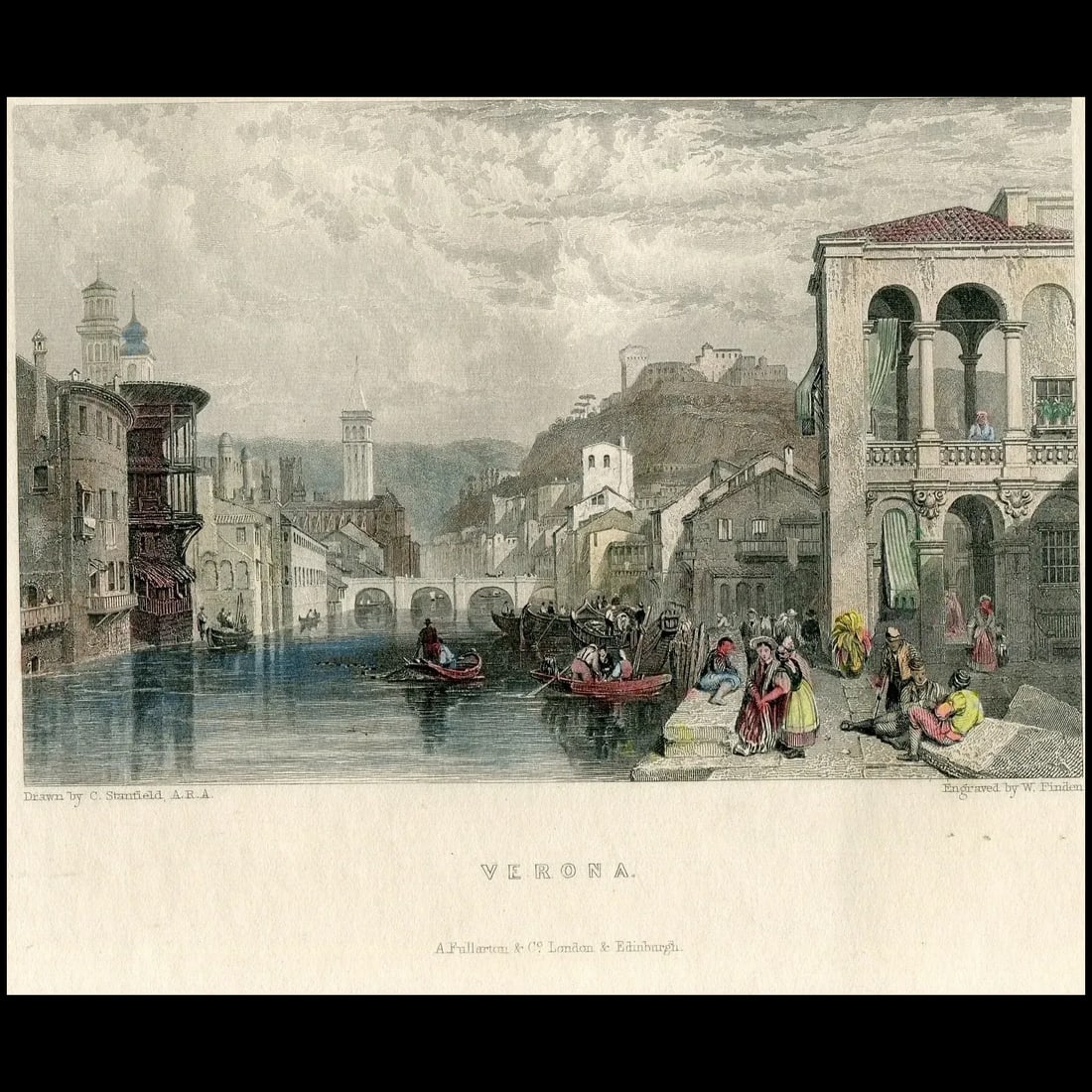 Verona (Italy). Antique engraving, 1833.: Title: Verona (Italy). Engraver: William Finden (British, 1787 – 1852). Artist: after Clarkson Frederick Stanfield (British, 1793 – 1867). Description: hand-coloured original antique engra