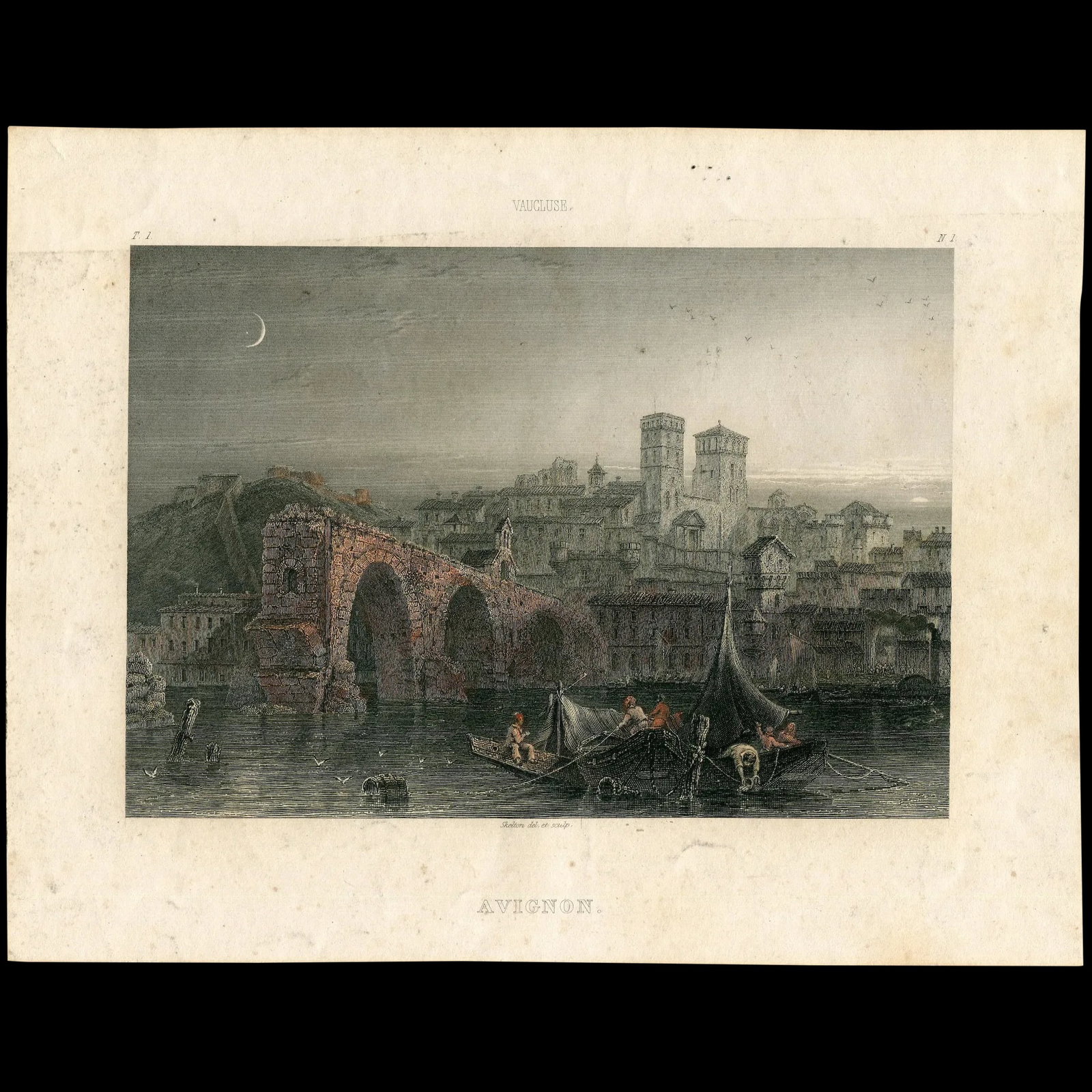 Avignon (France). Antique engraving, c. 1853: Title: Avignon (France) Artist and engraver: Joseph John Skelton (1783–1871). Media / Technique: hand-coloured steel engraving. Image size: 11,5x16,5 cms. Condition: minor foxing. Reserve: $59.0