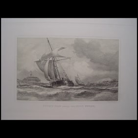 French sloop coming into Calais Harbour, France - Antique engraving