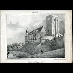 Antique lithography. Henri IV Castle in Pau (Pyrénées), 1828.