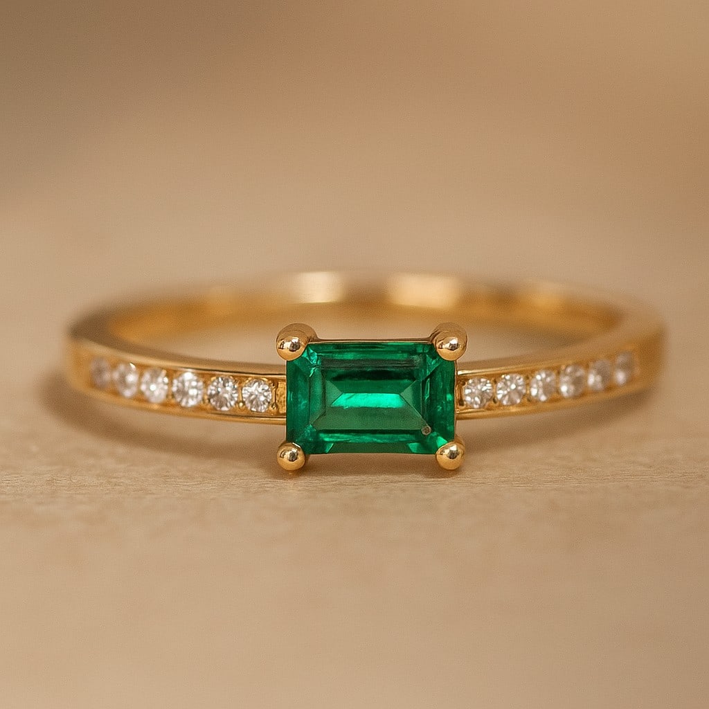 The Aurelia Ring: Emerald with Diamond Pavé in 14k Gold: Title: The Aurelia Ring: Emerald with Diamond Pavé in 14k Gold Description: The Aurelia Ring: Emerald with Diamond Pavé in 14k Gold Jewelry Type : Ring Gemstone : Emerald Gemstone Shape : Emerald Cu