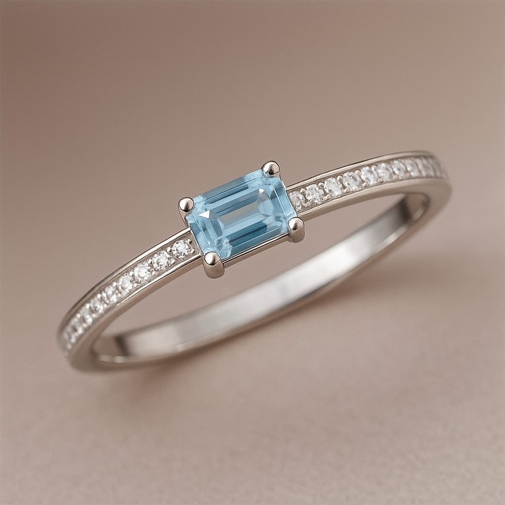 The Aurelia Ring: Emerald-Cut Aquamarine with Diamond Pavé in 14k White Gold: Title: The Aurelia Ring: Emerald-Cut Aquamarine with Diamond Pavé in 14k White Gold Description: The Aurelia Ring: Emerald-Cut Aquamarine with Diamond Pavé in 14k White Gold Jewelry Type : Ring Gems
