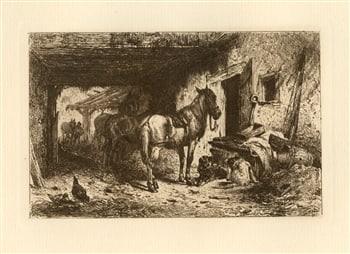 Peter Moran original etching "Noonday Rest": Medium: original etching. A nice impression on cream laid paper, published for the American Art Review in 1880; the American Art Review was a lavishly produced revue featuring original etchings by Mor
