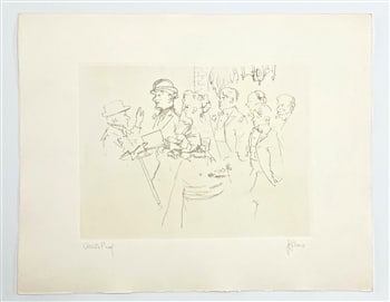 Jack Levine signed original etching "The Wedding": Medium: original soft ground etching. Signed in pencil and annotated "Artist's Proof". Printed in 1967 for the Dreigroschen Film portfolio and published by Touchstone Publishers. This is one of 10 art