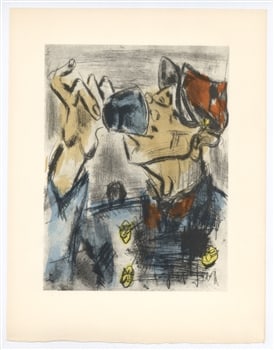 Gen Paul pochoir "Le Quart du Tourlourou": Medium: pochoir (after the watercolor). Printed on Arches paper in 1956 at the atelier Daniel Jacomet for the Vins, fleurs et flammes portfolio, and issued in a limited edition of 380. Size: 12 3/4 x