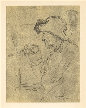 Portrait of Renoir by Albert Andre: Medium: lithograph (after the pencil drawing). This composition was executed by the artist Albert Andre (1869-1954) and is a fascinating portrait of Impressionist master Renoir at work. Printed by Mou