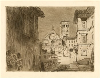 Edgar Chahine original etching "Church Of San Ruffino, Assisi": Medium: original etching. This impression in sepia on watermarked laid paper was printed in 1907 and published in Paris for the Revue de l'art ancien et moderne. Plate size: 6 1/8 x 8 3/8 inches (157