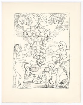 Andre Derain lithograph "Age d'or et Terre promise": Medium: lithograph (after the drawing). Printed on Arches paper in 1956 at the atelier Daniel Jacomet for the Vins, fleurs et flammes portfolio, and issued in a limited edition of 380. Size: 12 3/4 x