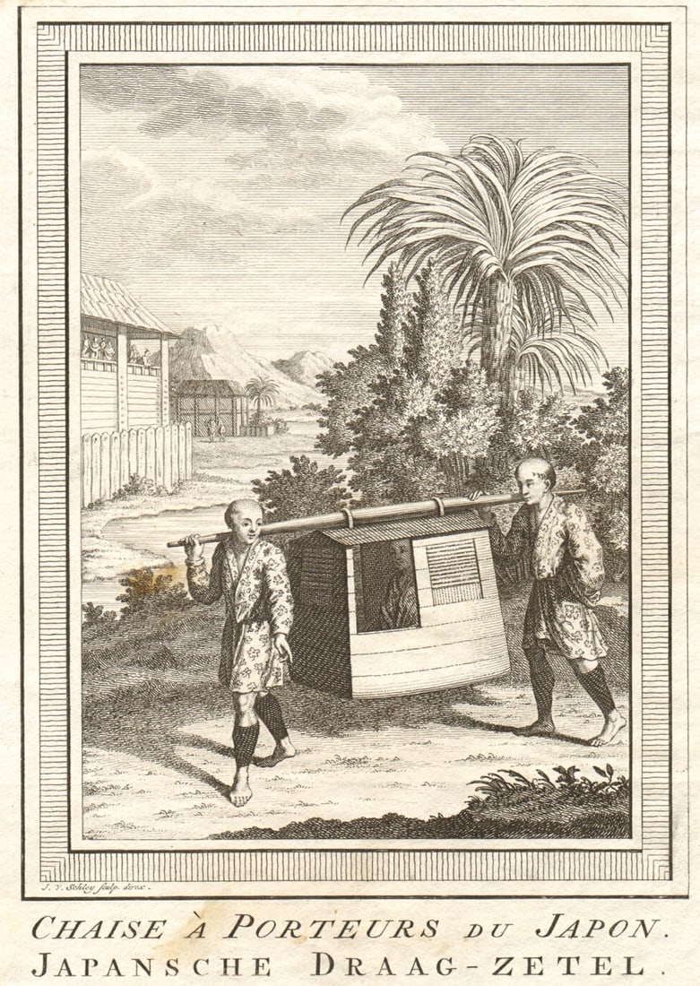 Chaise à porteurs du Japon'. Japanese litter sedan chair koshi ren. SCHLEY 1756: Chaise à Porteurs du Japon [A Japanese litter or sedan chair]. Sedan chairs were known in Japan as koshi, ren, Norimono, and kago by Schley, Jakob van der. Published 1756. Antique copperplate pri