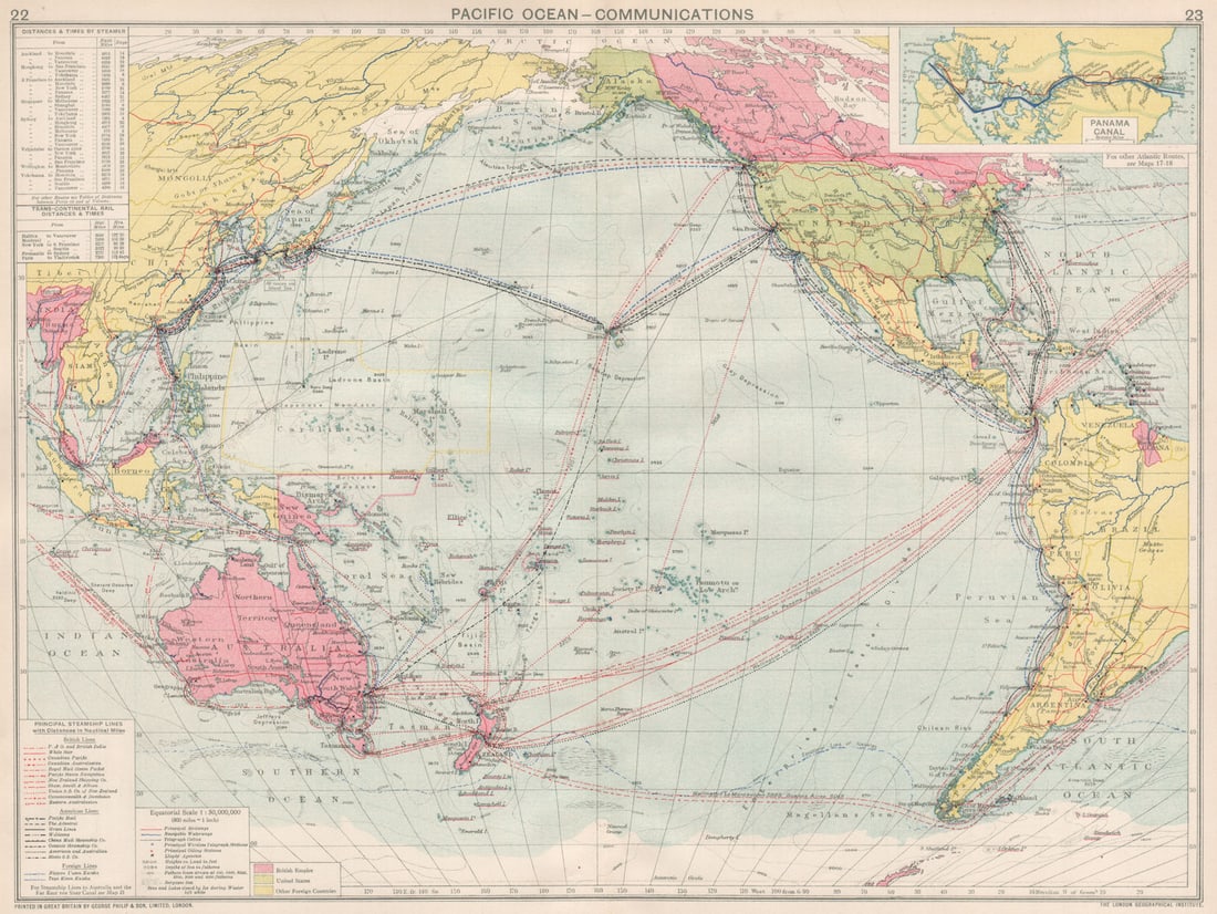 Pacific Ocean Communications. Sea routes. Steamship lines/companies 1925 map (1 of 1)