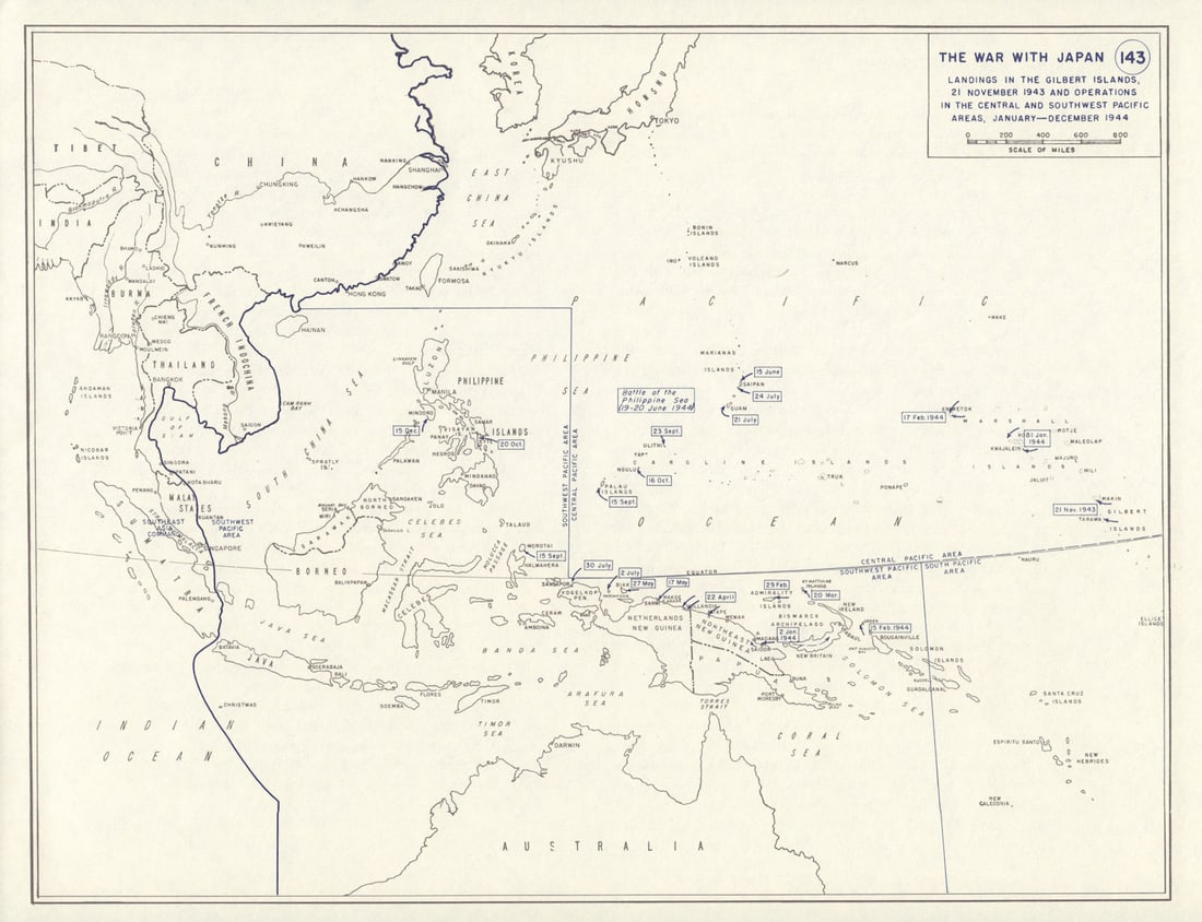 World War 2. Nov 1943-Dec 1944. Gilbert Islands. Pacific landings & Ops 1959 map (1 of 1)