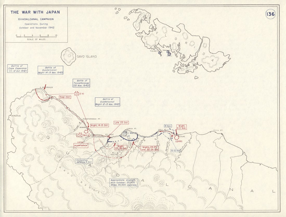 World War 2. Guadalcanal Campaign. October & November 1942 Operations 1959 map (1 of 1)