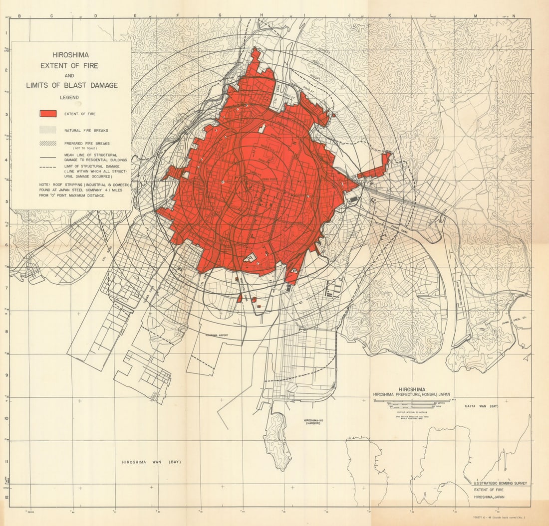 Hiroshima. Extent of Fire & Limits of Blast Damage. Atomic Bomb. A.M.S. 1946 map (1 of 1)