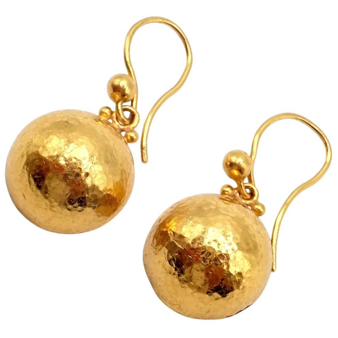 Authentic! Gurhan 24k Yellow Gold Hammered Ball Earrings: These Gurhan earrings are handcrafted in rich 24k yellow gold, featuring signature hammered ball drops that exude artisanal elegance. The textured finish enhances their luminous glow, while the simple