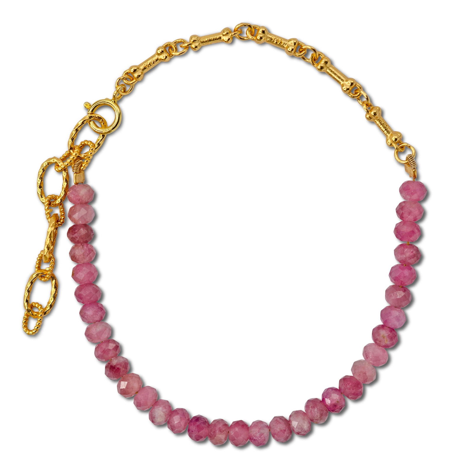 Pink Tourmaline & Dog Bone Chain Bracelet: Radiate feminine power with this pink tourmaline and dog bone chain bracelet from Bombyx House, where soft energy meets bold design to celebrate your multifaceted spirit. 6.5" Total Length + 1.5" Adju
