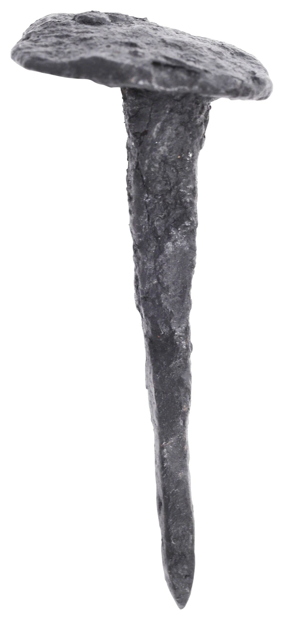 ROMAN “CRUCIFIXION” NAIL, 1ST-2ND CENTURY AD: Forged iron, just over 2” (2.01”) length with an overbroad square head and thin spike. Archeological evidence indicates that common nails were used for crucifixions. However, virtually all