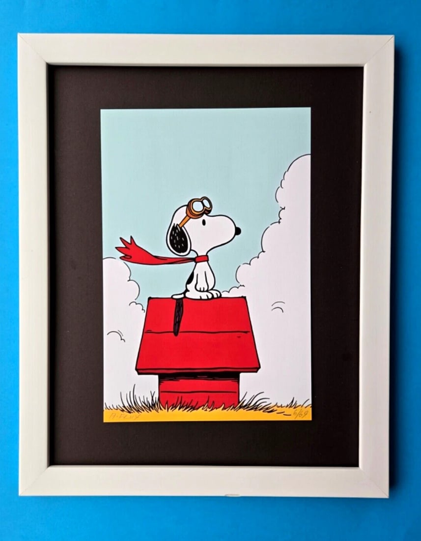 AIDAN FLUX | Hand Signed Original Print Framed LtdEd of 69 COA| SNOOPY AVIATOR: This is a Stunning and Scarce 100% Authentic New Print by Aidan Flux AIDAN Flux represents a new wave of artists who embrace technology as a partner in creation, crafting works that resonate with the