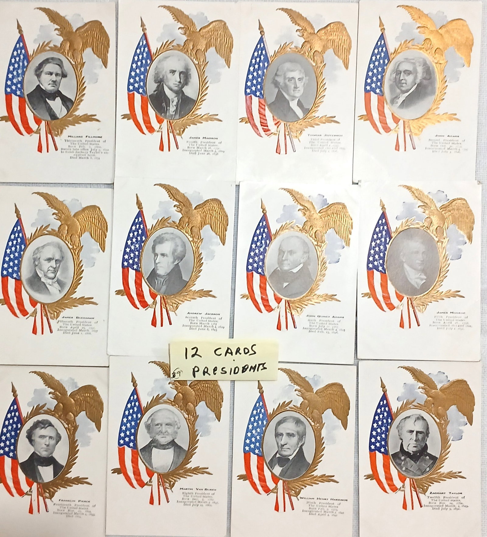 (12 PCS) Presidents of USA Postcards: Description: Presidents of USA 12 Piece Postcards Date/Period: Vintage Pre 1970's Materials: Paper postcards Dimensions: 3.5 x 5.5 Inches Reserve: $5.00 Shipping: Domestic: Flat-rate of $7.00 to