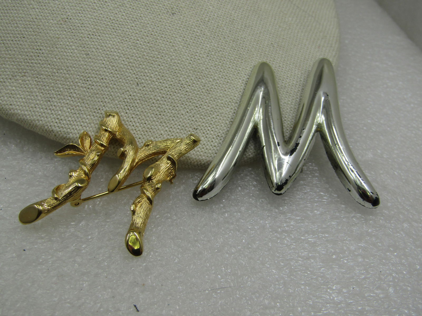 Vintage Two Initial M Brooches, Gold tone and Silver Tone, 1960's-1970's (1 of 6)