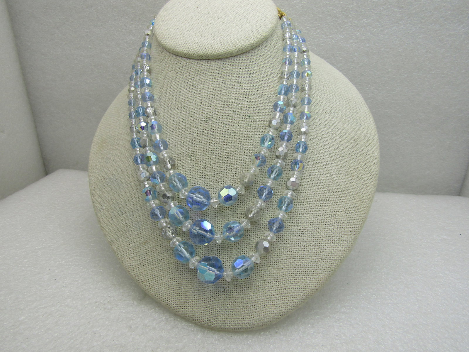 Vintage Blue & Clear Aurora Borealis Crystal Necklace, 3 Strands, 16" (1 of 6)