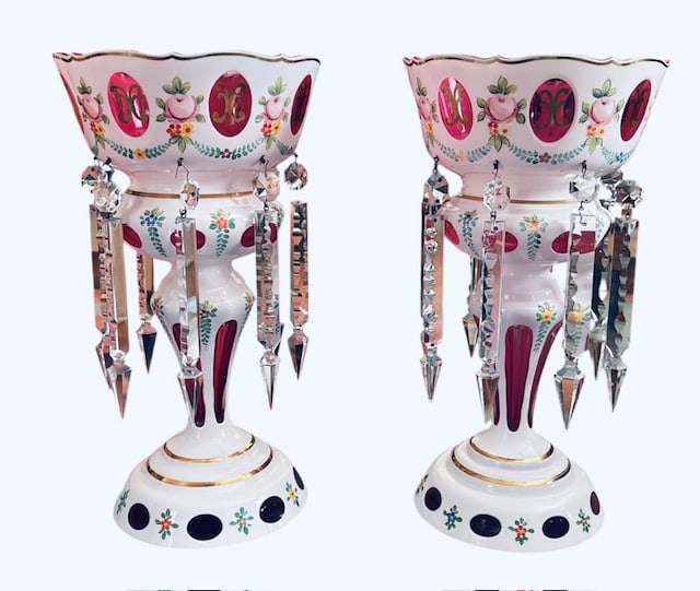Pink Bohemian Mantle Lustres: Title:Pink Bohemian Mantle Lustres Description:Beautiful pair of pink bohemian mantle lustres in excellent condition with all crystals Date/Period: Dimensions:14" x 6 1/2" x 6 1/2" Reserve: $150.00 Sh