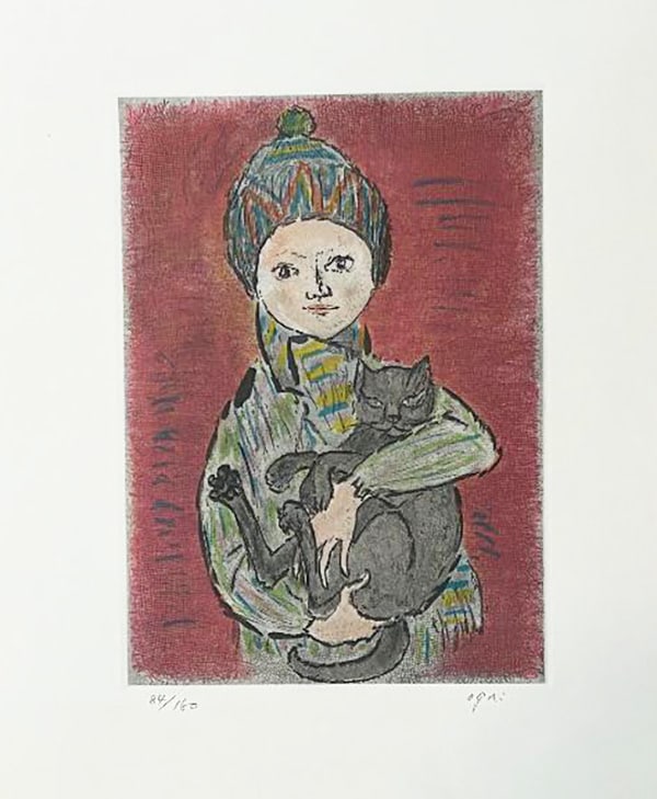 Taro Ogi (1915-2009): Girl With Cat: Artist/Title: Taro Ogi (1915-2009): Girl With Cat Medium: Woodblock Print Edition: Limited Edition #84/150 Size/Format: The print image measures 6 3/4 X 9 1/2 inches plus margins Condition: The print 