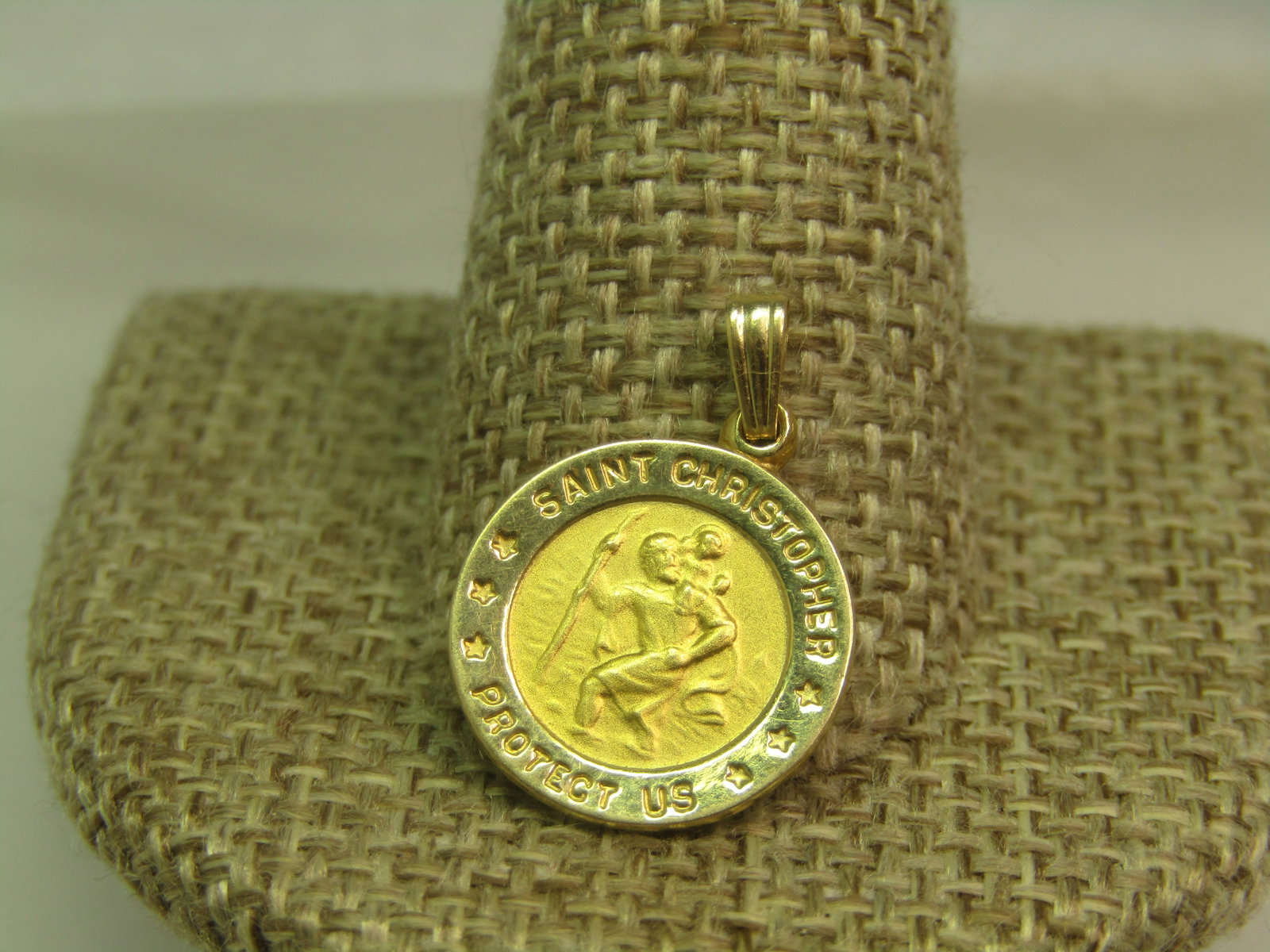 Vintage 14kt St. Christopher Pendant, 1980's, Signed: Title:Vintage 14kt St. Christopher Pendant, 1980's, Signed Description:Vintage 14kt St. Christopher Pendant, 1980's, Signed with an unknown mark that looks like a styilzed V or a check mark and an S. 
