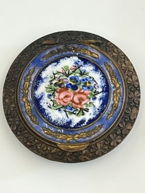 VINTAGE FRENCH ENAMEL FLORAL ROSE VIOLET COBALT BLUE ENAMEL COMPACT TRINKET BOX
