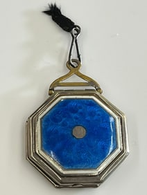 Vintage Blue Guilloche Enameled Locket with Bakelite Frame and original photos.