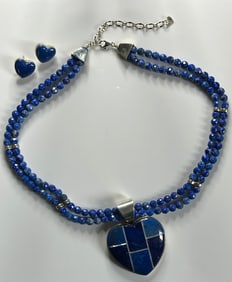 Vintage DTR Jay King Sterling Silver Lapis Lazuli Heart Pendant and Earring Set