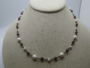 Vintage Sterling Amethyst & Pearl Necklace, 1980's-1990's, 18"