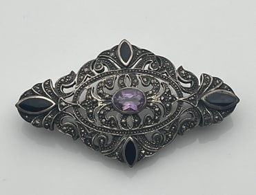 Vintage Sterling silver Art Deco Brooch with Marcasite, Onyx & Amethyst Stone
