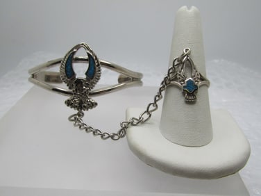 Turquoise Chip Biker Bracelet with Attached Ring, 7" and Ring is Sz. 9