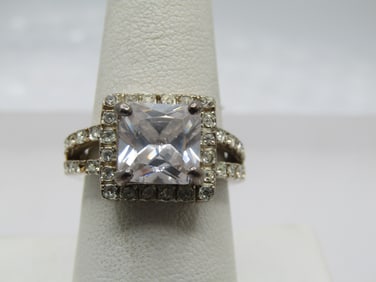 Vintage Sterling Halo Ring, Clear Crystal, Sz. 8.5, 1980's-1990's