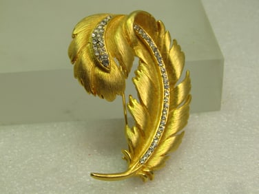 Vintage Curled Feather Brooch, Rhinestone Center, Signed M.Lent, 1970's-1980's