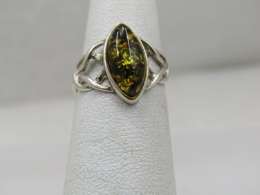 Vintage Sterling Amber Ring, Celtic, Sz. 4.5