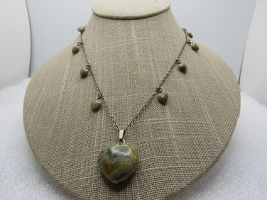 Vintage Sterling Moss Agate Heart Necklace, 19", 1980's-1990's