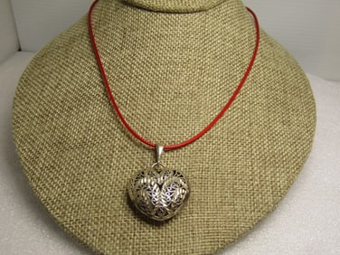 Vintage Sterling Silver Filigree Heart Necklace, Puffy, 19" Red Cord Chain 1980's Heart