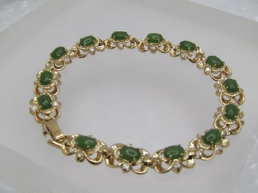 Vintage Jadeite & CZ Bracelet, 7.5", 9mm Wide, Gold Tone