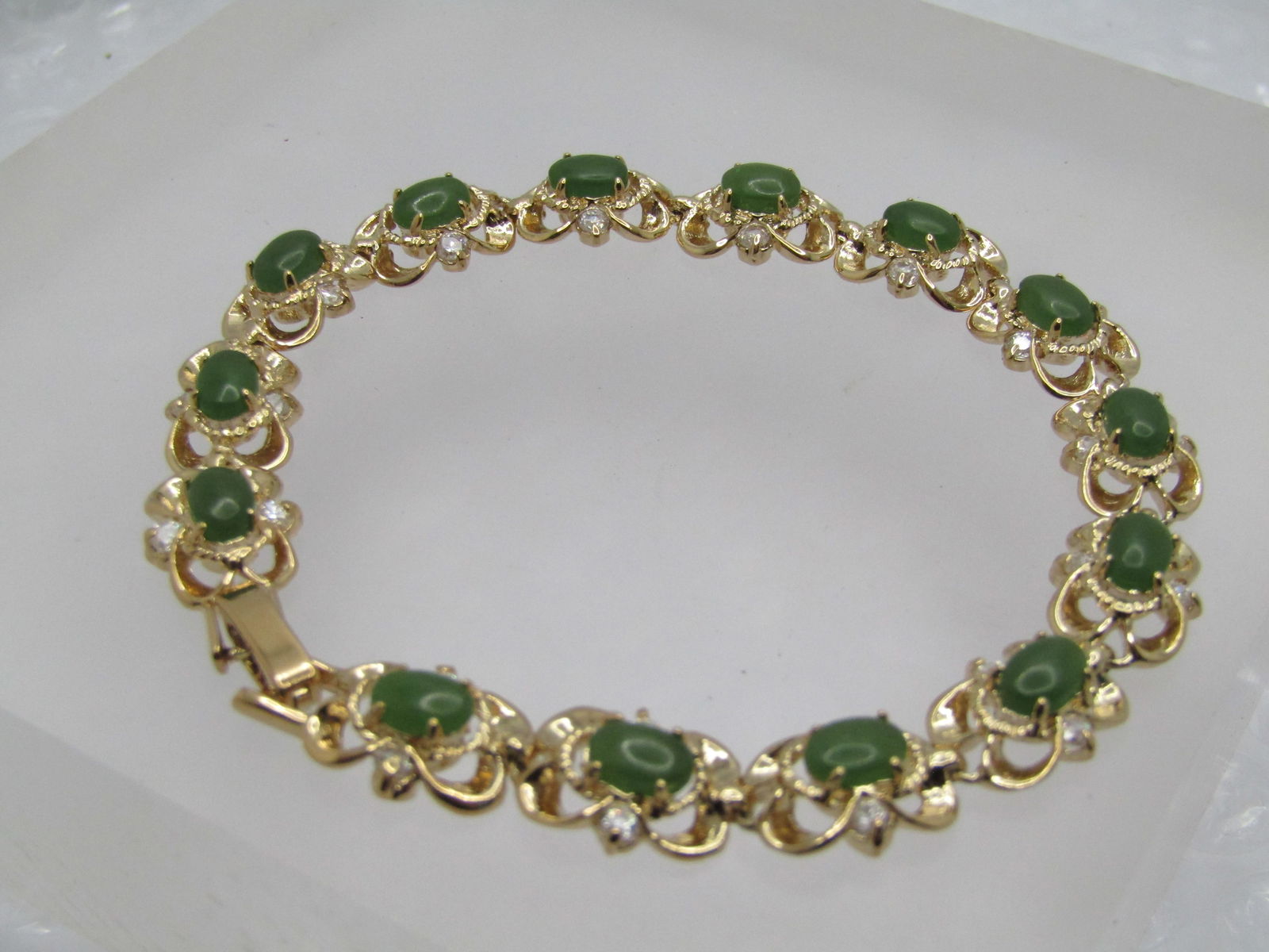 Vintage Jadeite & CZ Bracelet, 7.5", 9mm Wide, Gold Tone (1 of 5)