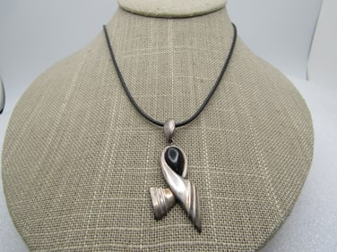 Vintage Sterling Onyx Ribbon Necklace, Signed Boma, 1980's-1990's.