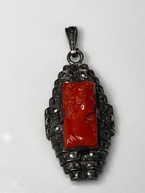 Vintage Carved Coral Cameo and Marcasite Pendant