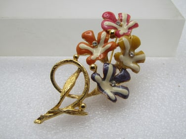 Vintage Enameled Floral Blossom Brooch, Full Stem with Rhinestones, 1980's-1990's
